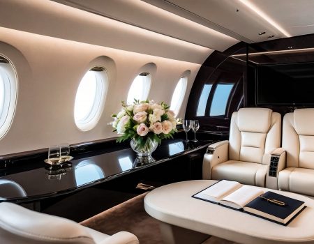 Comfort vip salon private business jet with flowers, diary, wine, eyeglasses on table. Luxury decor of airplane interior, at highest. Quality service in aviation industry concept. Copy ad text space