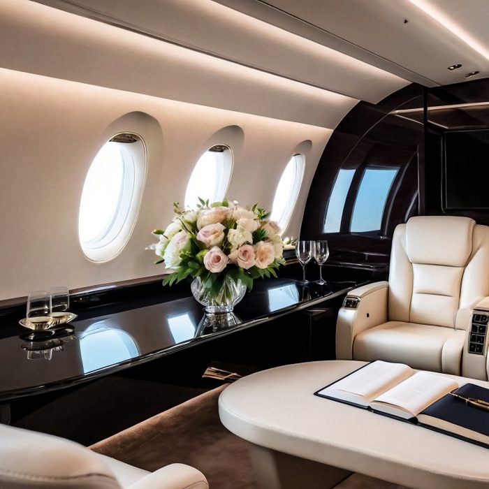 Comfort vip salon private business jet with flowers, diary, wine, eyeglasses on table. Luxury decor of airplane interior, at highest. Quality service in aviation industry concept. Copy ad text space