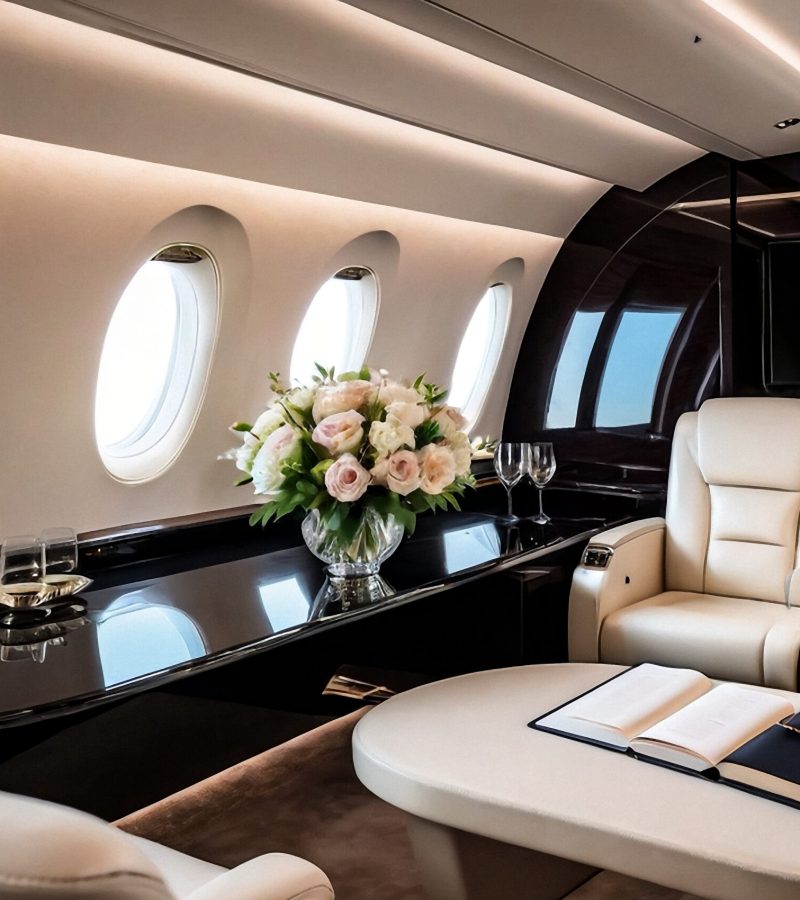 Comfort vip salon private business jet with flowers, diary, wine, eyeglasses on table. Luxury decor of airplane interior, at highest. Quality service in aviation industry concept. Copy ad text space