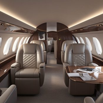 View of the inner cabin of a Dassault Falcon 5X business jet using Generative AI.