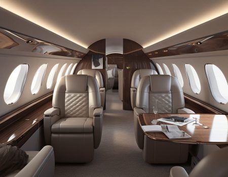 View of the inner cabin of a Dassault Falcon 5X business jet using Generative AI.