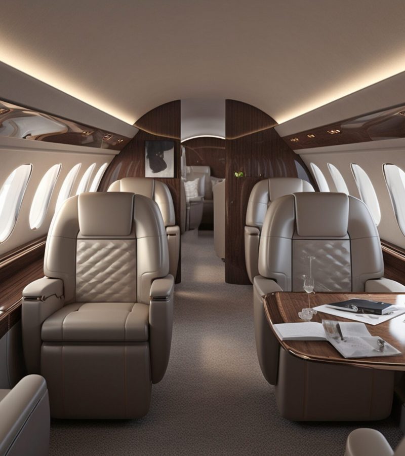 View of the inner cabin of a Dassault Falcon 5X business jet using Generative AI.